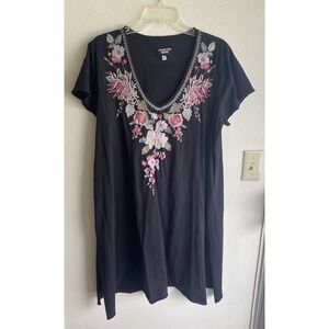 Johnny Was Workshop Embroidered T Shirt Dress Vneck Tunic Sz Medium 100% Cotton